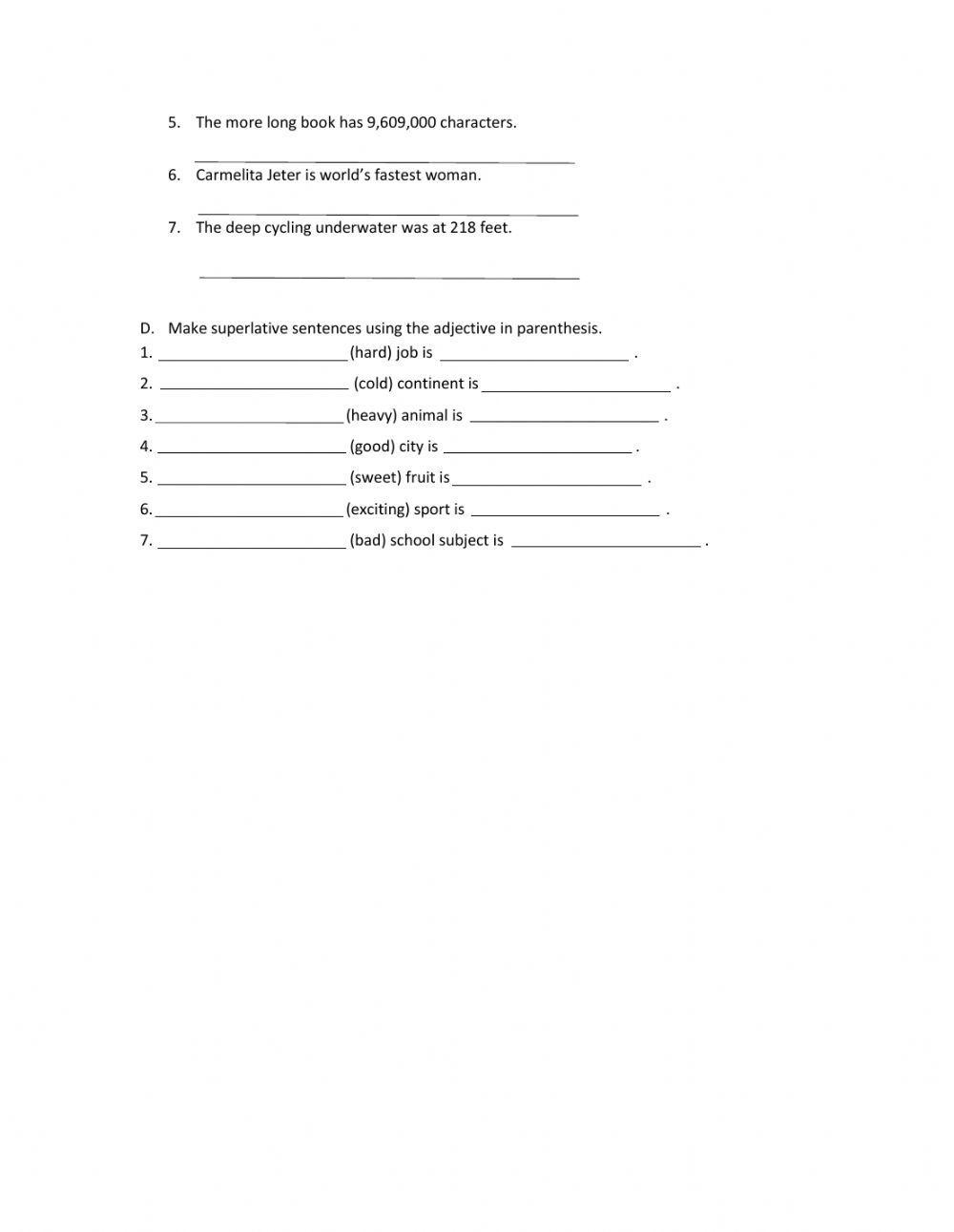 Superlative adjectives worksheet
