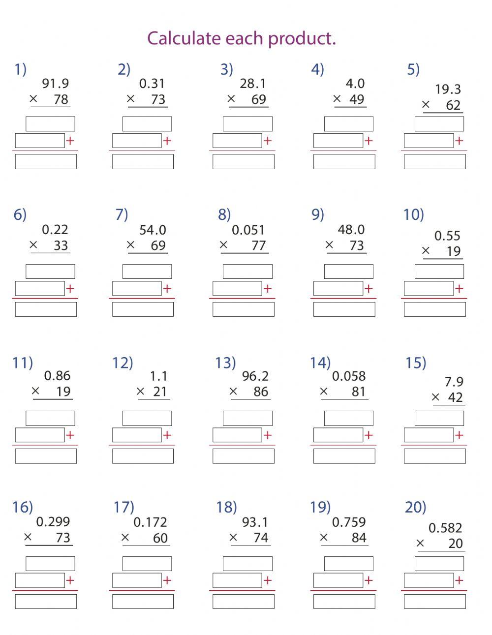 Multiplying decimal numbers by whole numbers