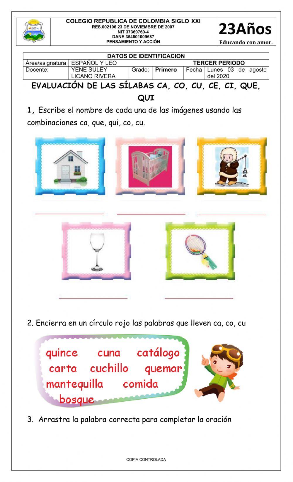 EVALUACIÓN DE LAS SÍLABAS CA, CO, CU, CE, CI, QUE, QUI