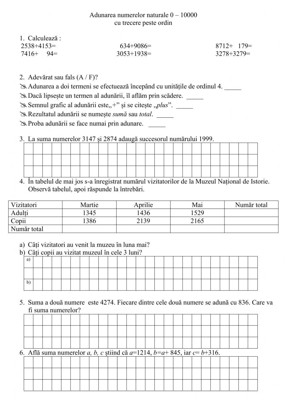 Adunarea numerelor naturale 0-10000 cu trecere peste ordin