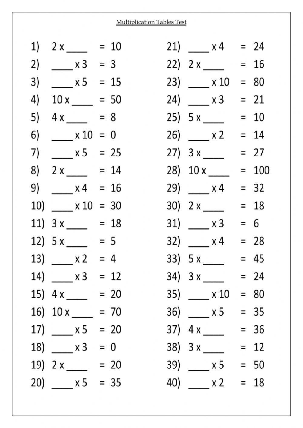 Multiplication Tables Test
