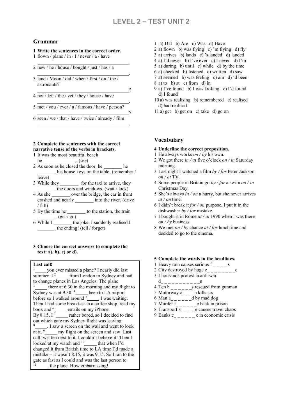 Level 2 - Test Unit 2 worksheet | Live Worksheets