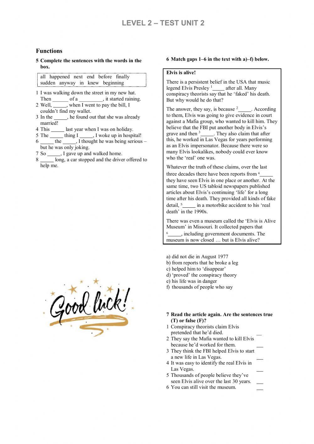 Level 2 - Test Unit 2 worksheet | Live Worksheets