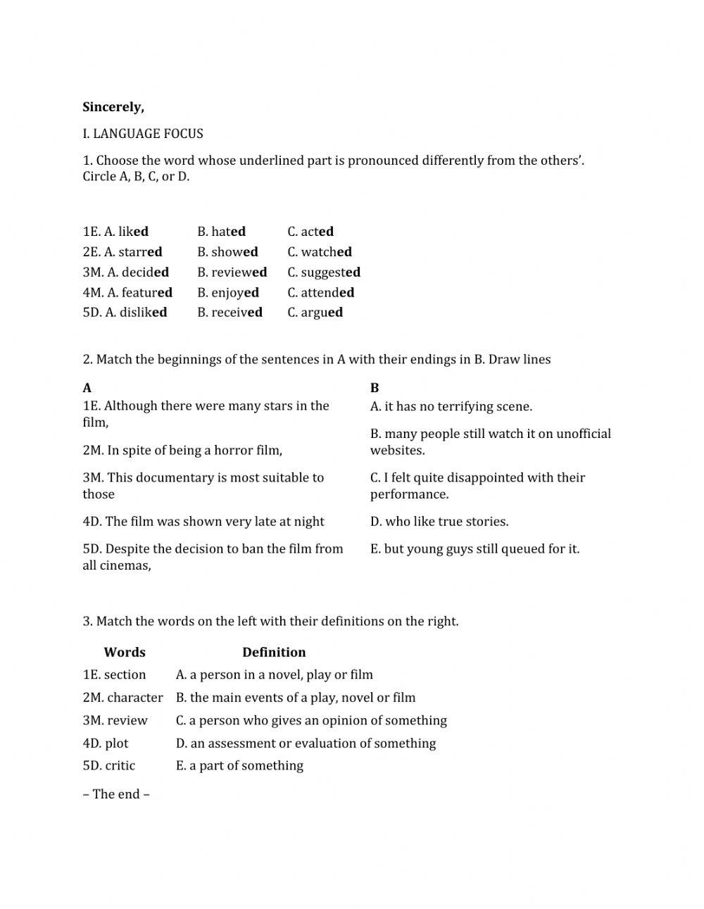 Lớp 7 - Kiểm tra 45 phút số 3 (Unit 7, 8)