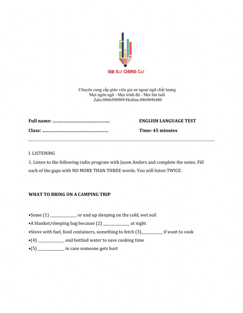 Lớp 7 - Kiểm tra cuối kỳ