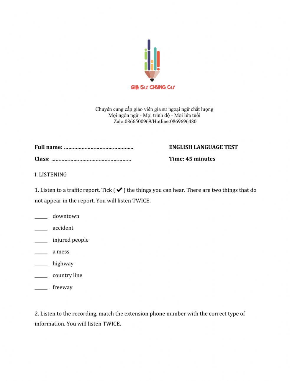 Lớp 7 - Kiểm tra 45 phút số 3 (Unit 7, 8, 9)