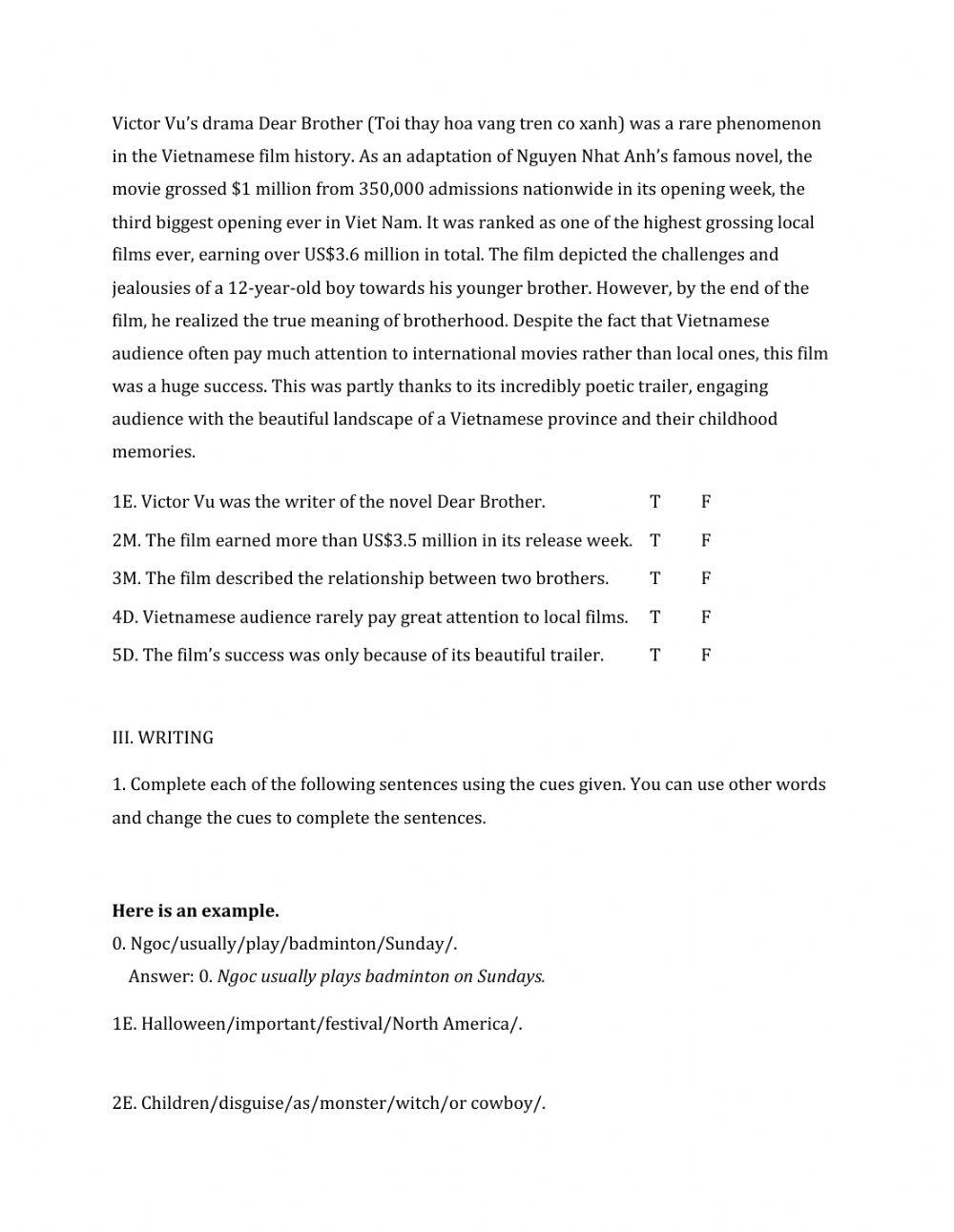 Lớp 7 - Kiểm tra 45 phút số 3 (Unit 7, 8, 9)