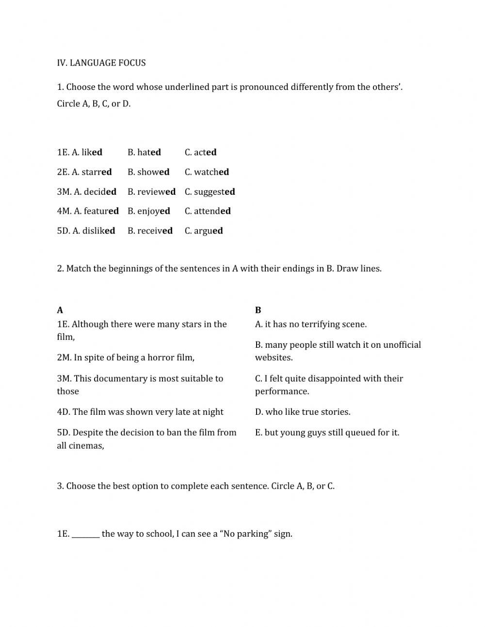 Lớp 7 - Kiểm tra 45 phút số 3 (Unit 7, 8, 9)