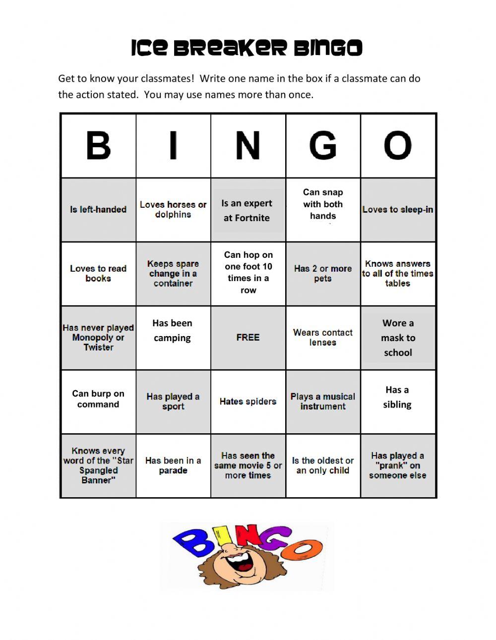 Icebreaker bingo English ESL worksheets pdf & doc