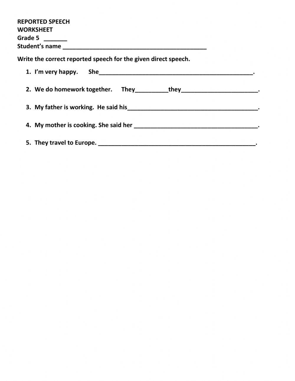 5950022 | REPORTED SPEECH WORKSHEET GRADE 5 BIM. 4