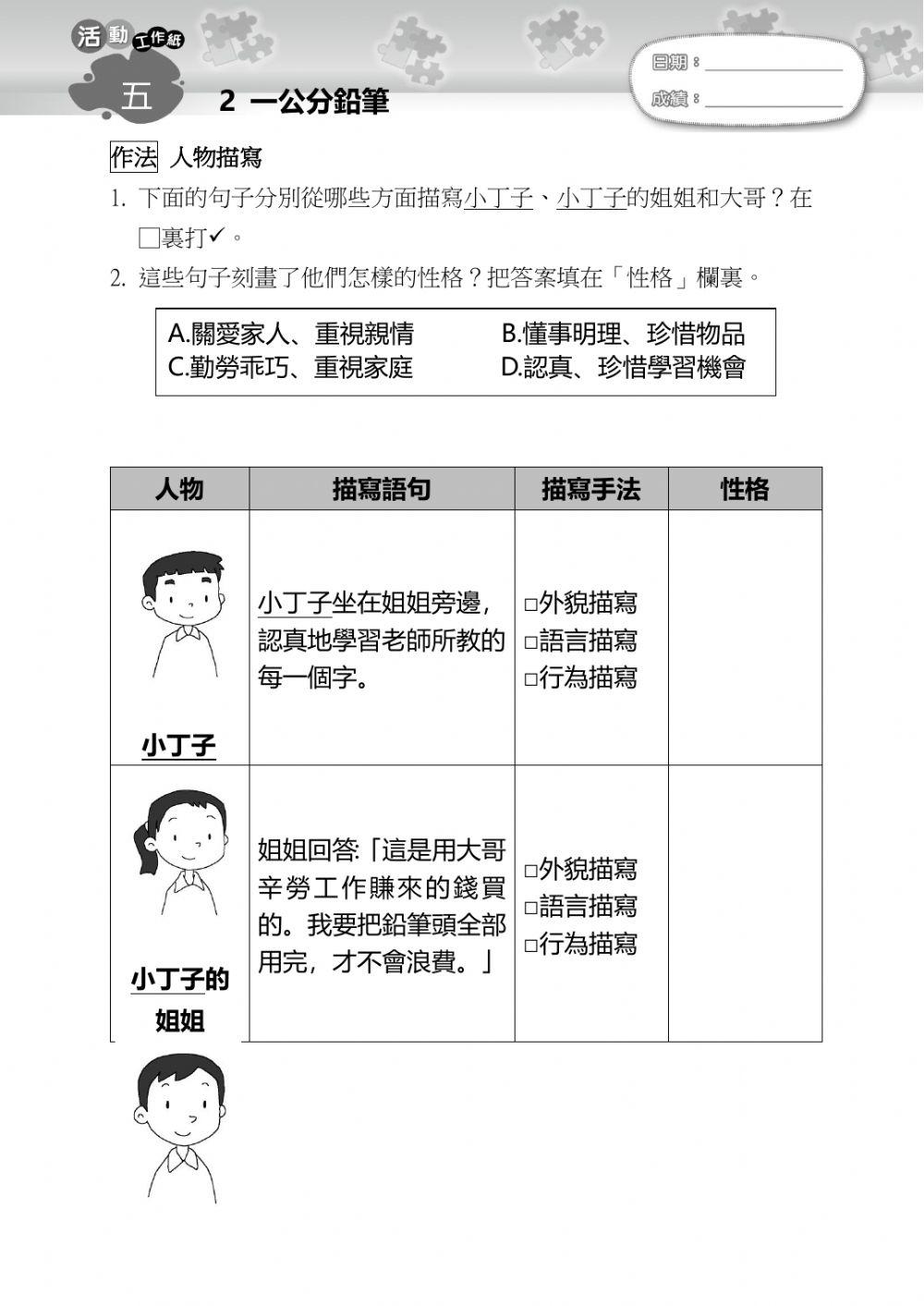 一公分的铅筆-人物描寫