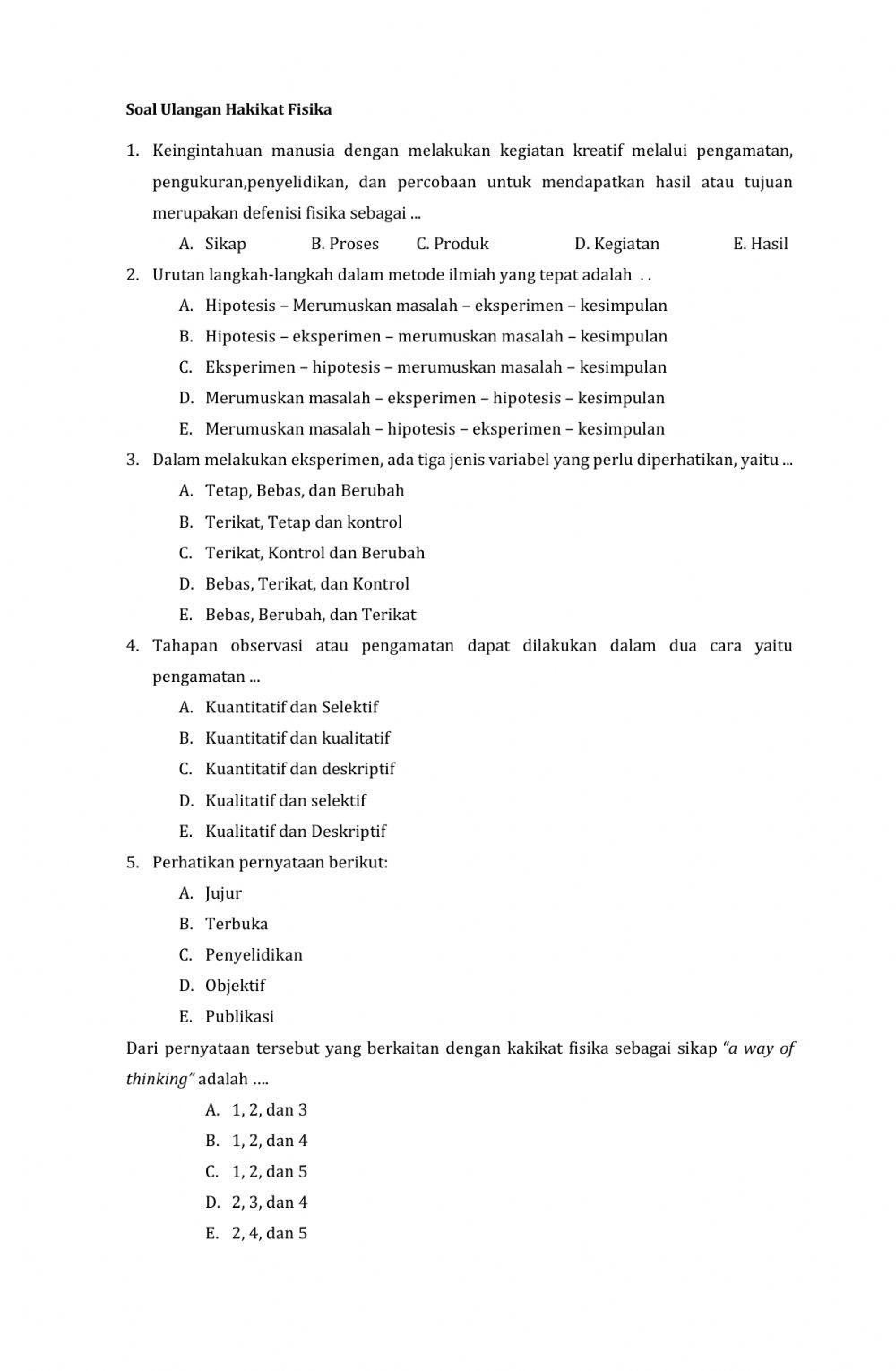 Soal ulangan Hakikat Fisika