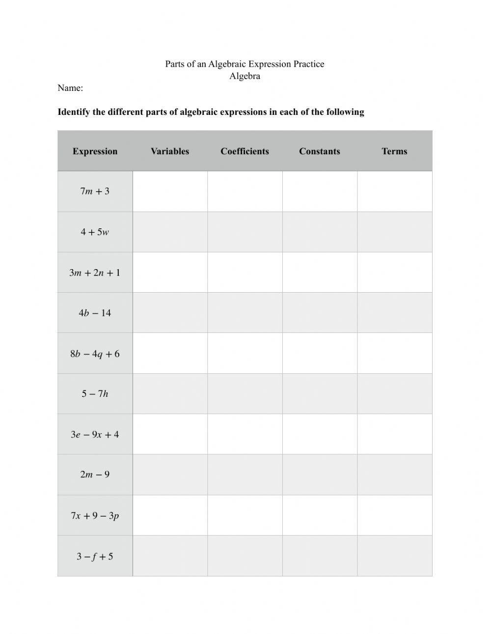 Parts of an Algebraic Expression Practice