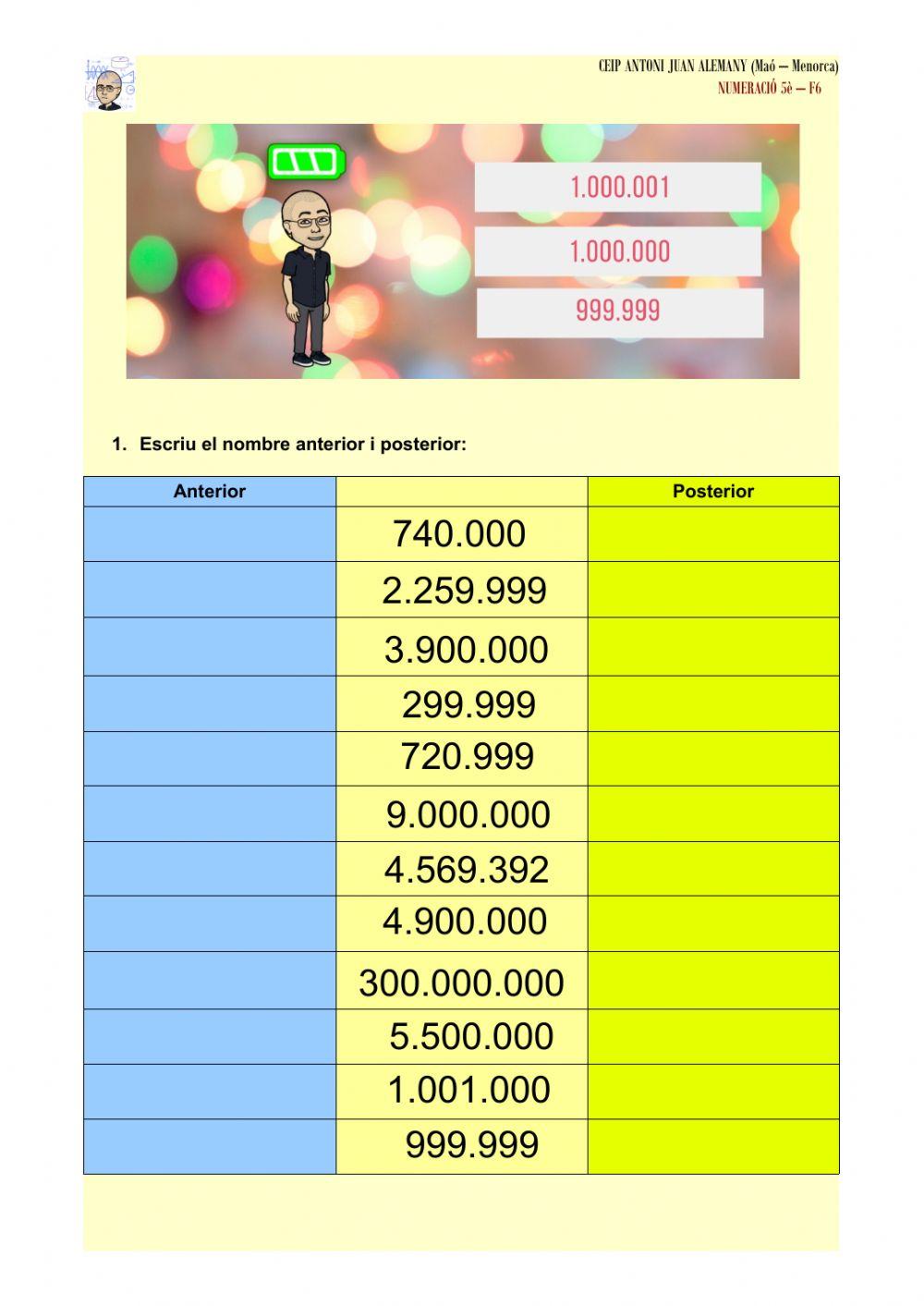 Numeració: anterior i posterior
