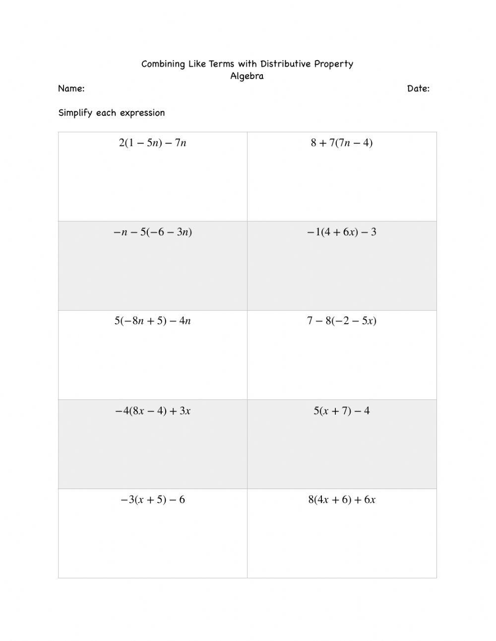 Combining Like Terms with Distributive Property Practice worksheet | Live Worksheets Combining Like Terms with Distributive Property Practice worksheet | Live Worksheets