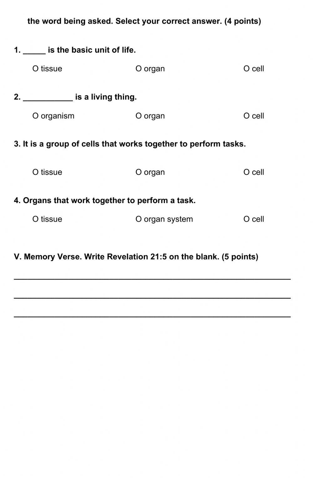1st. Qtr. Quiz No. 1 Science - Grade 5