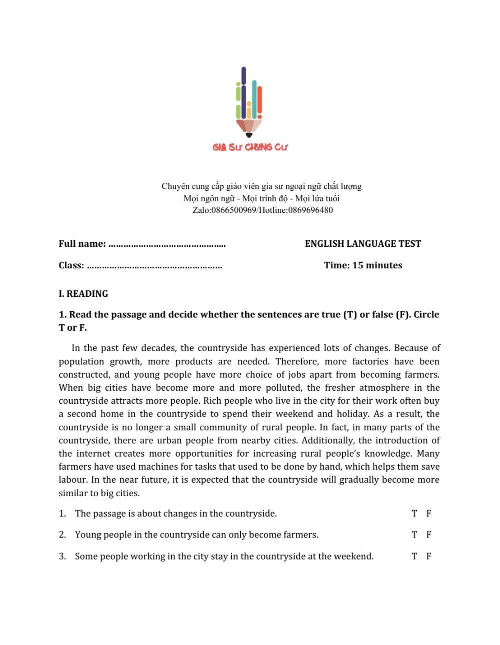 Lớp 8 - Unit 2 LIFE IN THE COUNTRYSIDE-READING