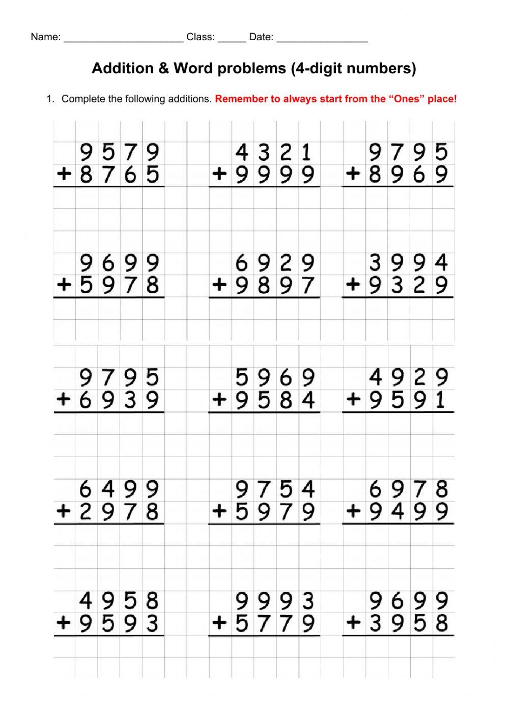 4 digit addition & word problems