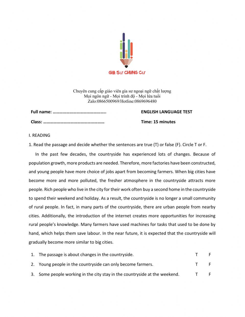 Lớp 8 - Unit 2 LIFE IN THE COUNTRYSIDE - READING