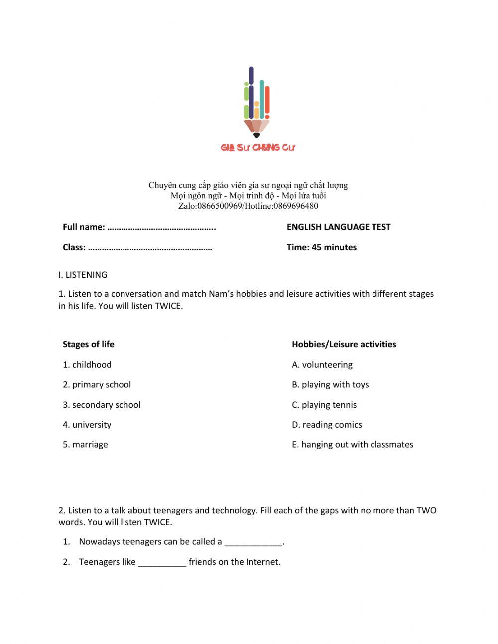 Lớp 8 - Kiểm tra 45 phút số 1 (Unit 1, 2)