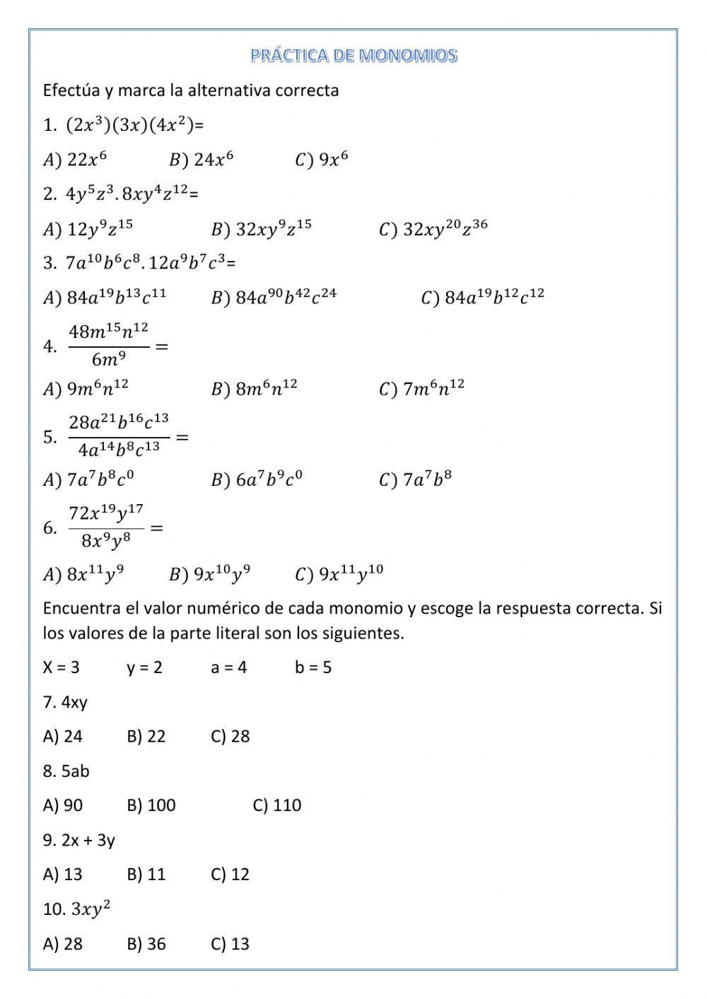Operaciones con monomios