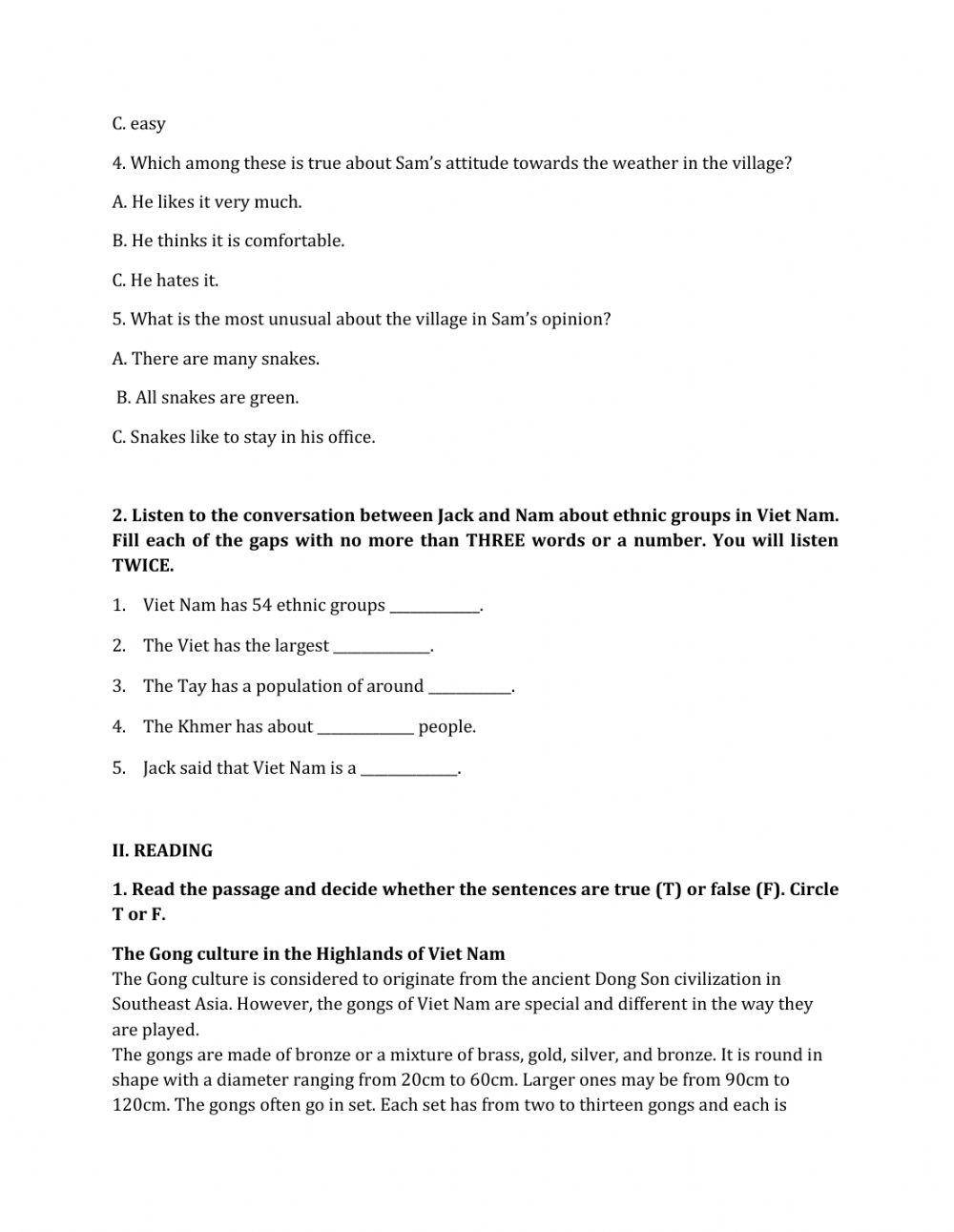 Lớp 8 - Kiểm tra 45 phút số 1 (Unit 1, 2, 3)