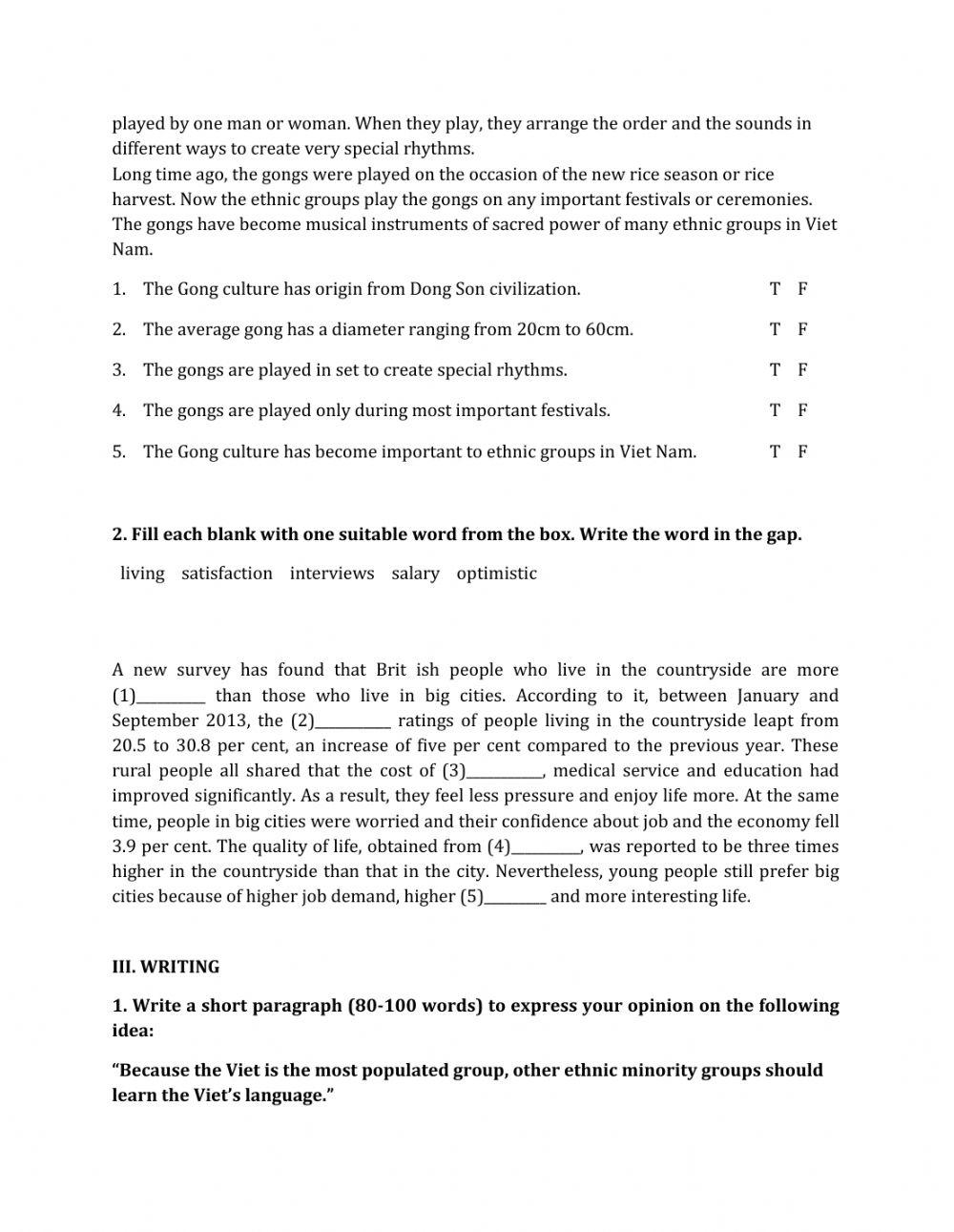 Lớp 8 - Kiểm tra 45 phút số 1 (Unit 1, 2, 3)
