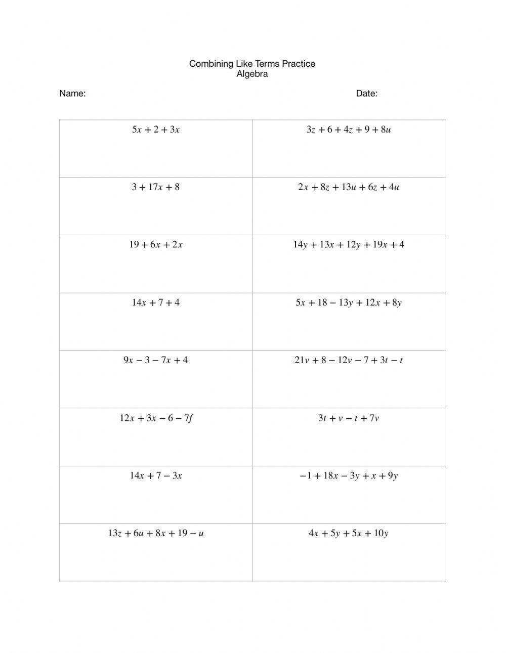 Combining Like Terms Practice