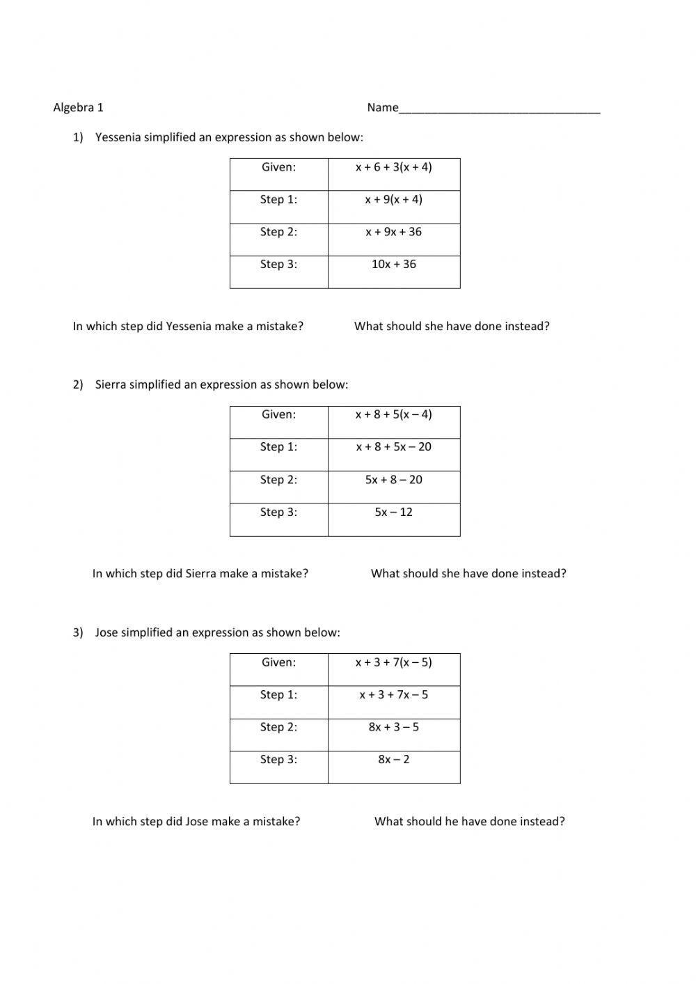 Combining Like Terms with Distributive Property Find the Error Practice