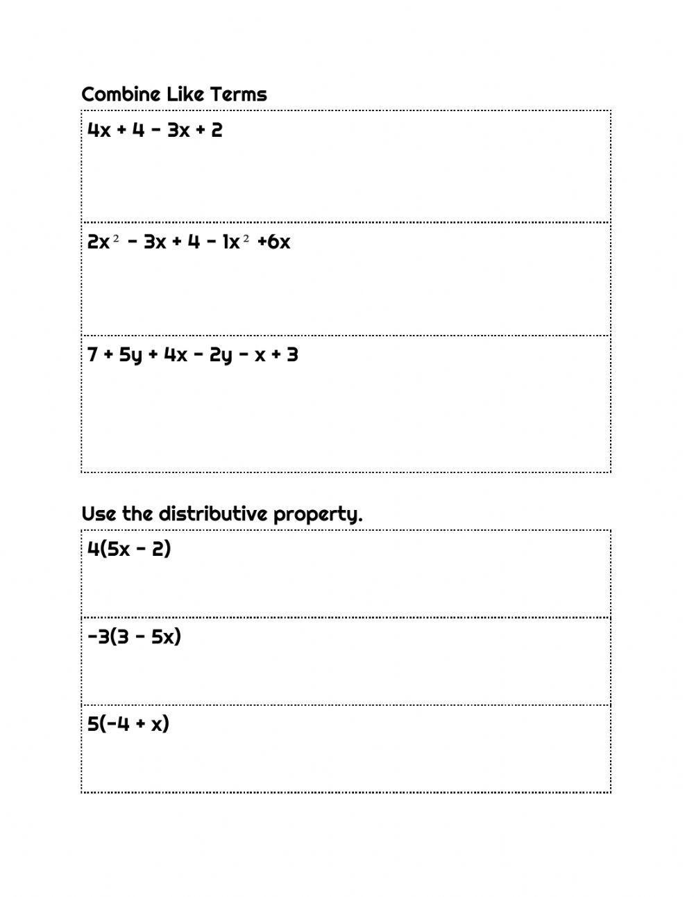 Evaluating Algebraic Expressions, Combining Like Terms, and Distributive Property Practice