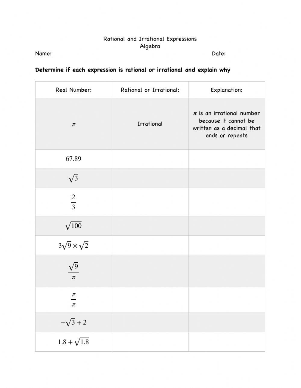 Rational and Irrational Numbers Practice