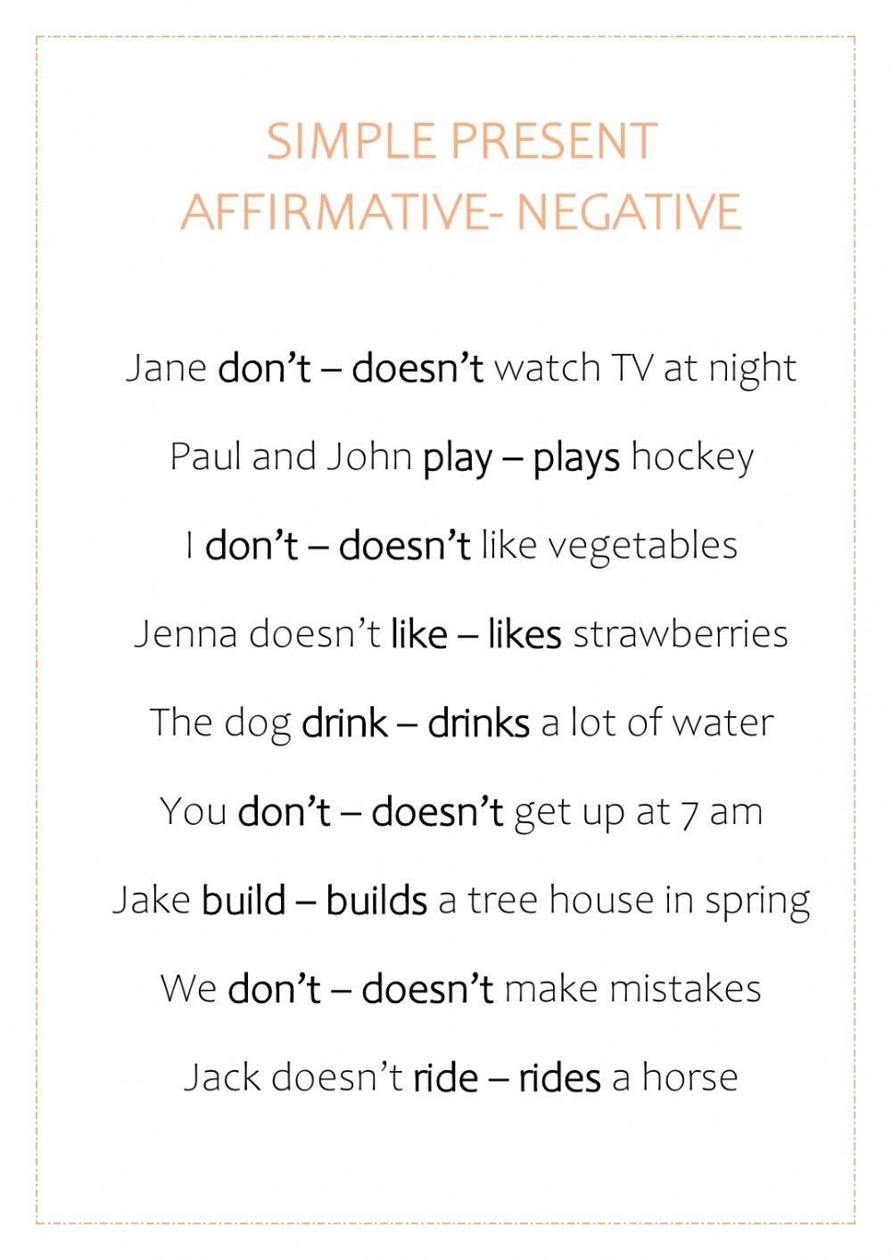 Simple present - affirmative - negative worksheet | Live Worksheets