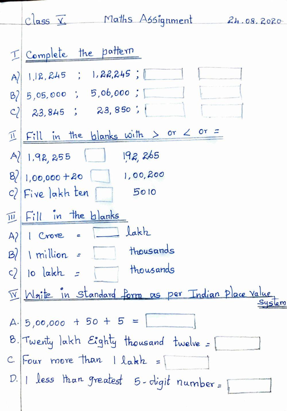 Class 5  Maths Assignment  24.08.2020