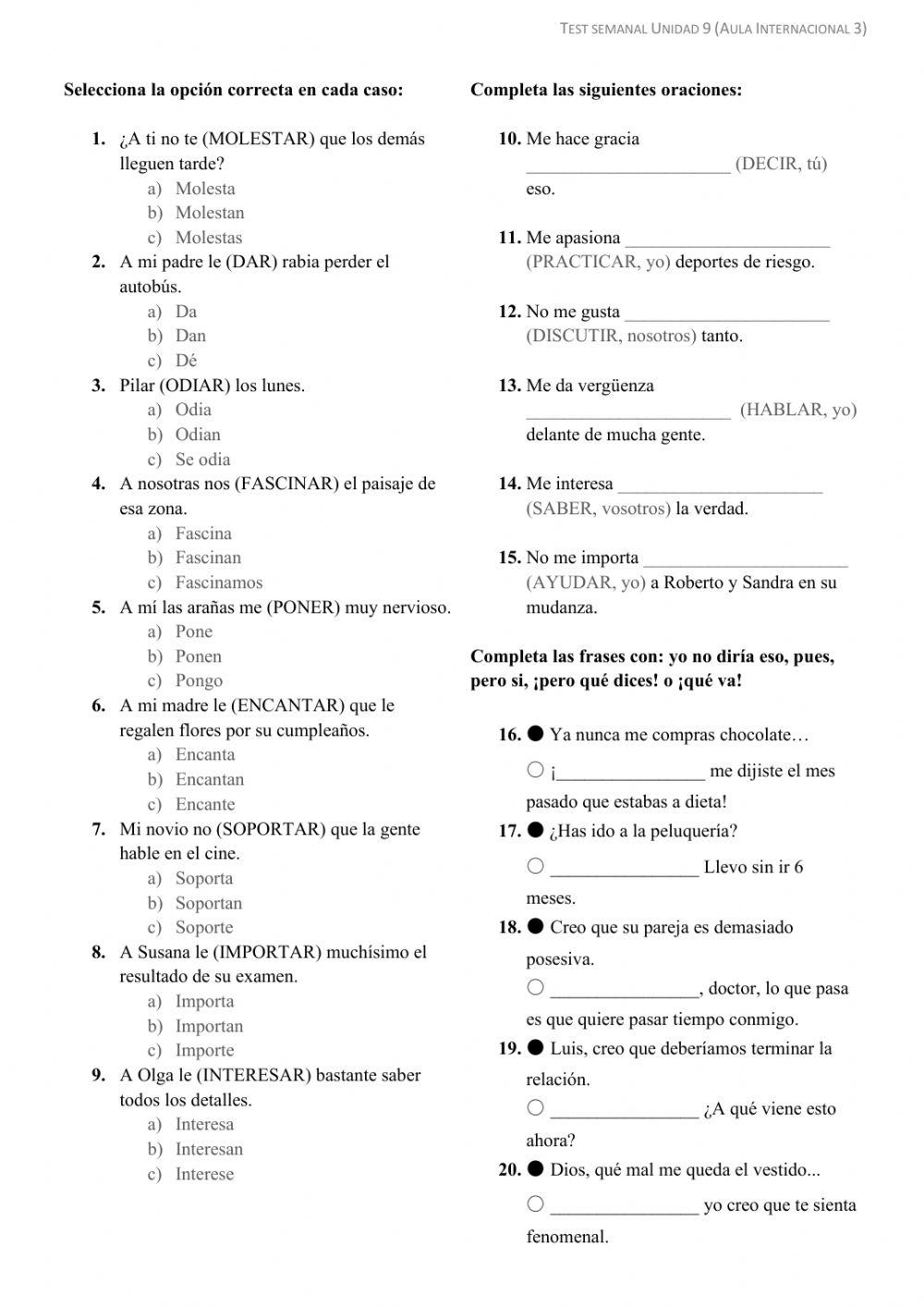 Test semanal unidad 9 Aula Internacional 3