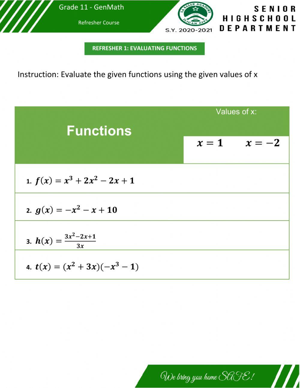 Refresher 1 evaluating function worksheet live worksheets
