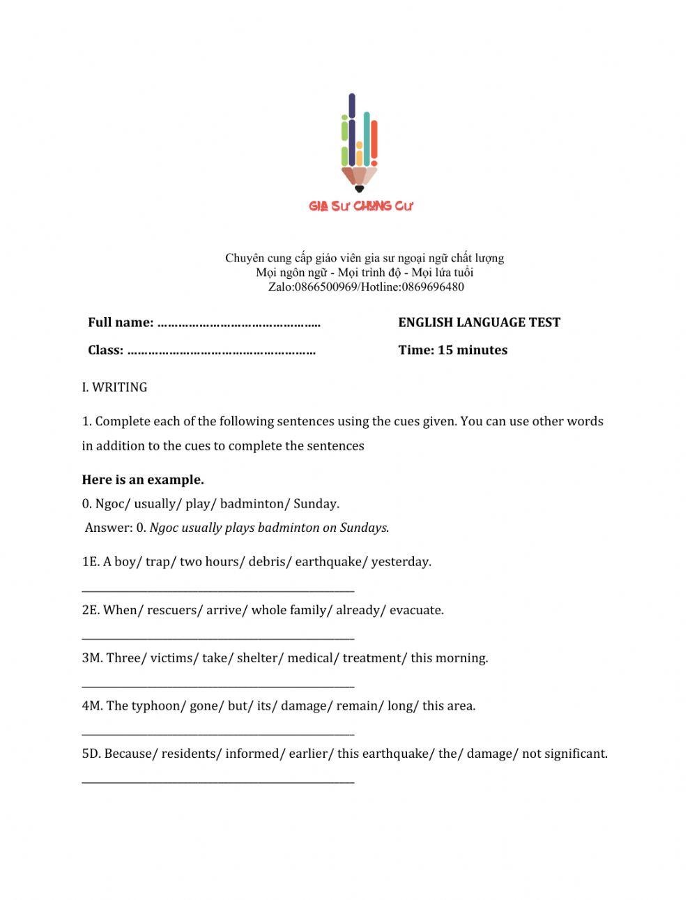 Lớp 8 - Unit 9 NATURAL DISASTERS-WRITING -