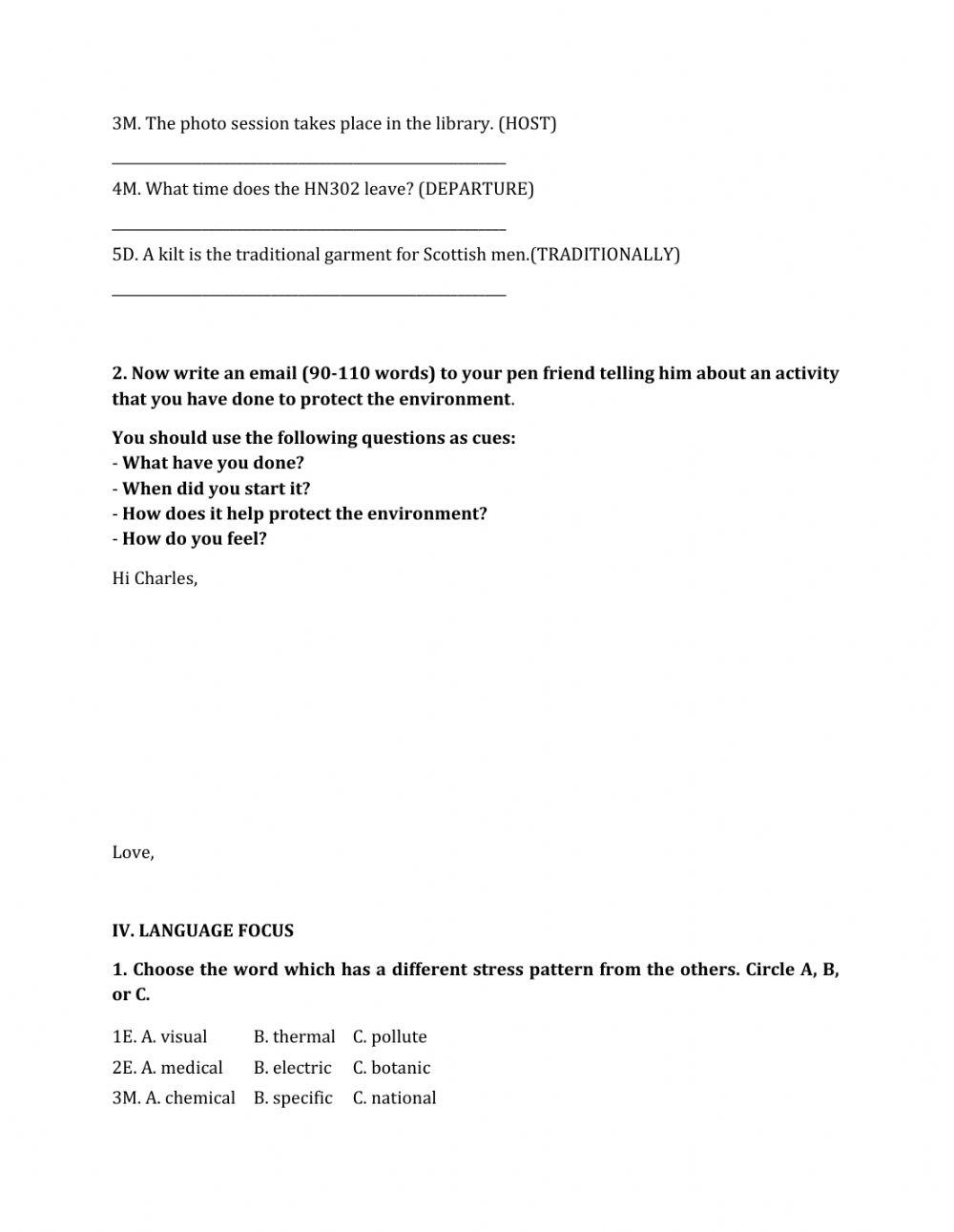 Lớp 8 - Kiểm tra 45 phút số 3 (Unit 7, 8, 9)