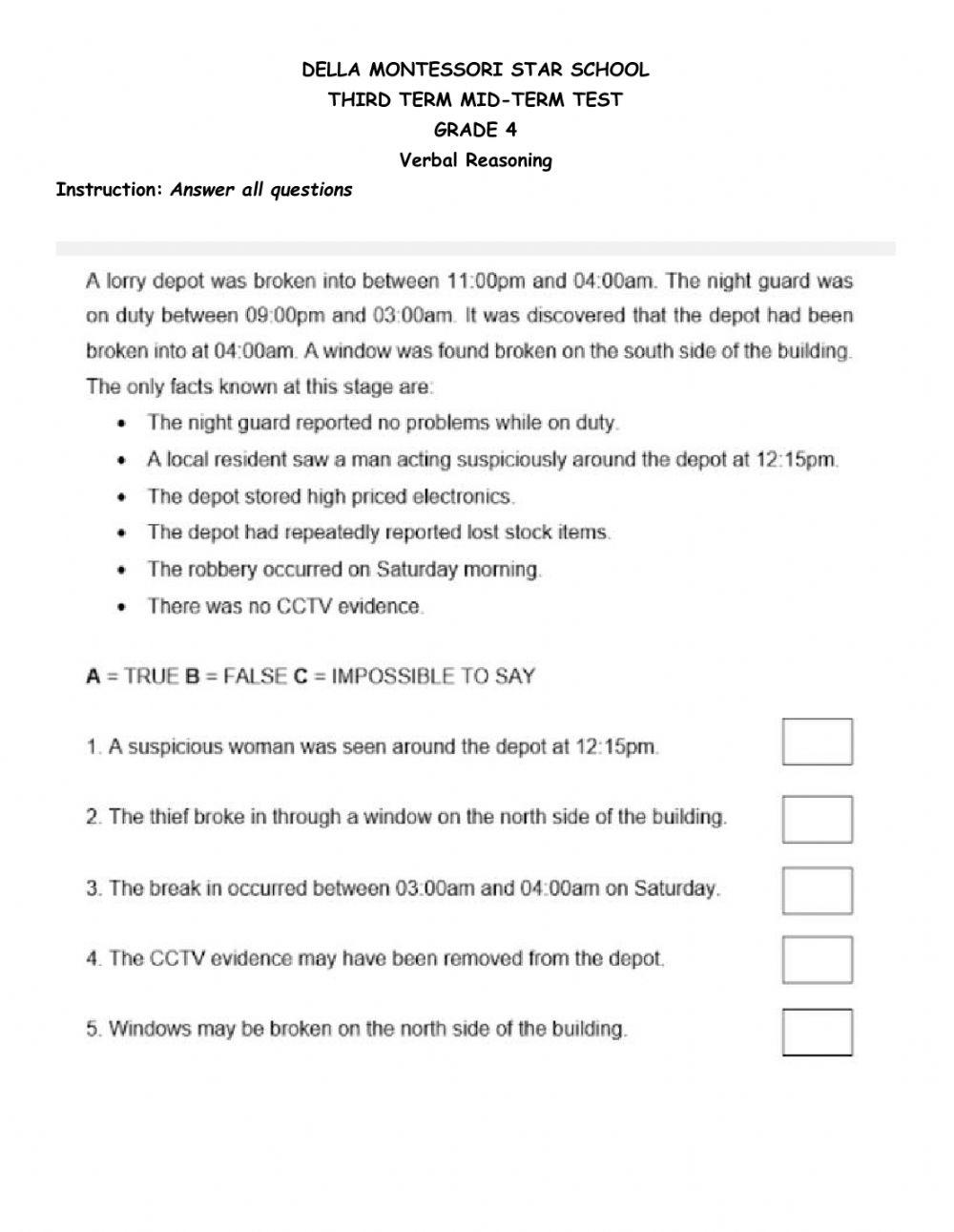 Grade 4 Verbal reasoning test