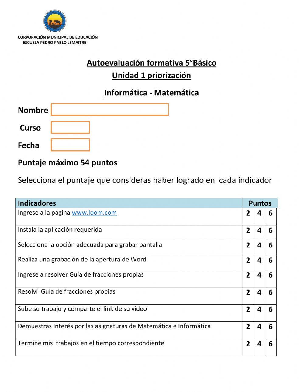 Autoevaluacion 5to unidad 1