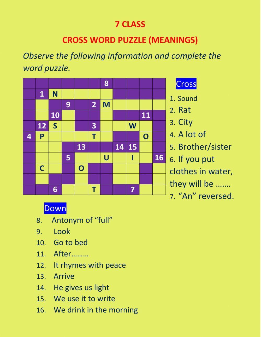 7 class cross word puzzle
