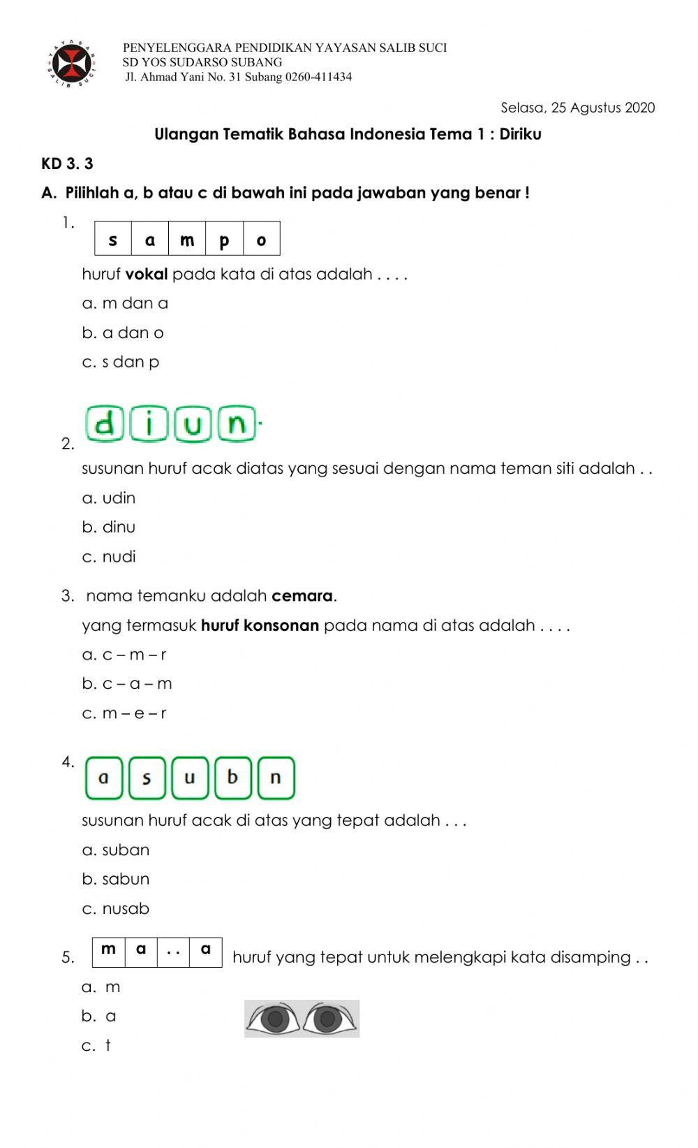 Ulangan Bahasa Indonesia Tema 1 KD 3.3 dan KD 3.11