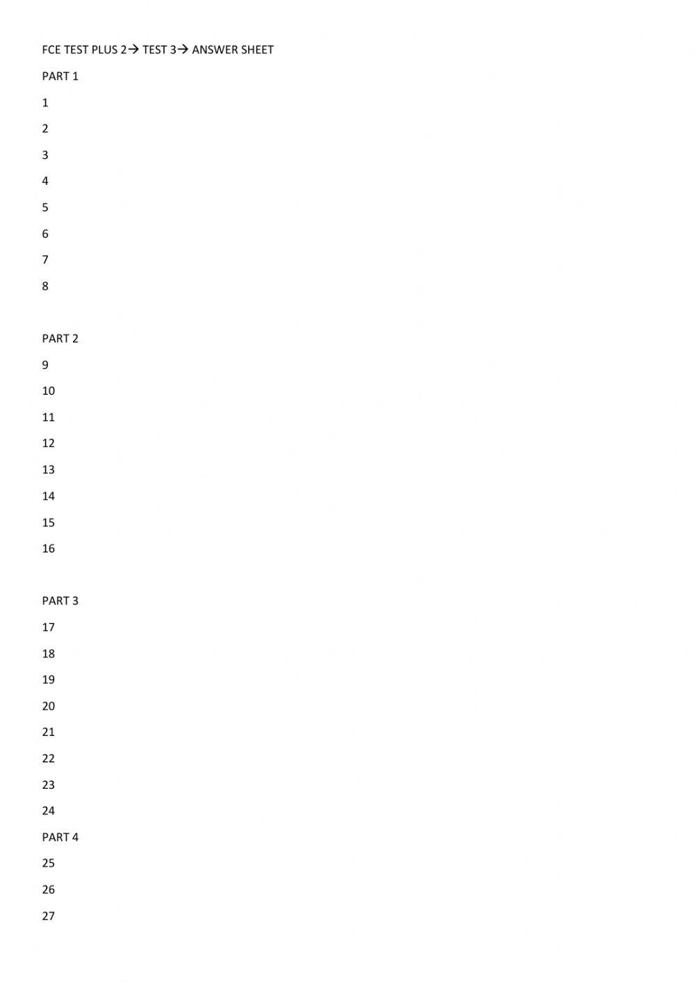 Fce Test Plus 2 Test 3 Answersheet Worksheet | Live Worksheets