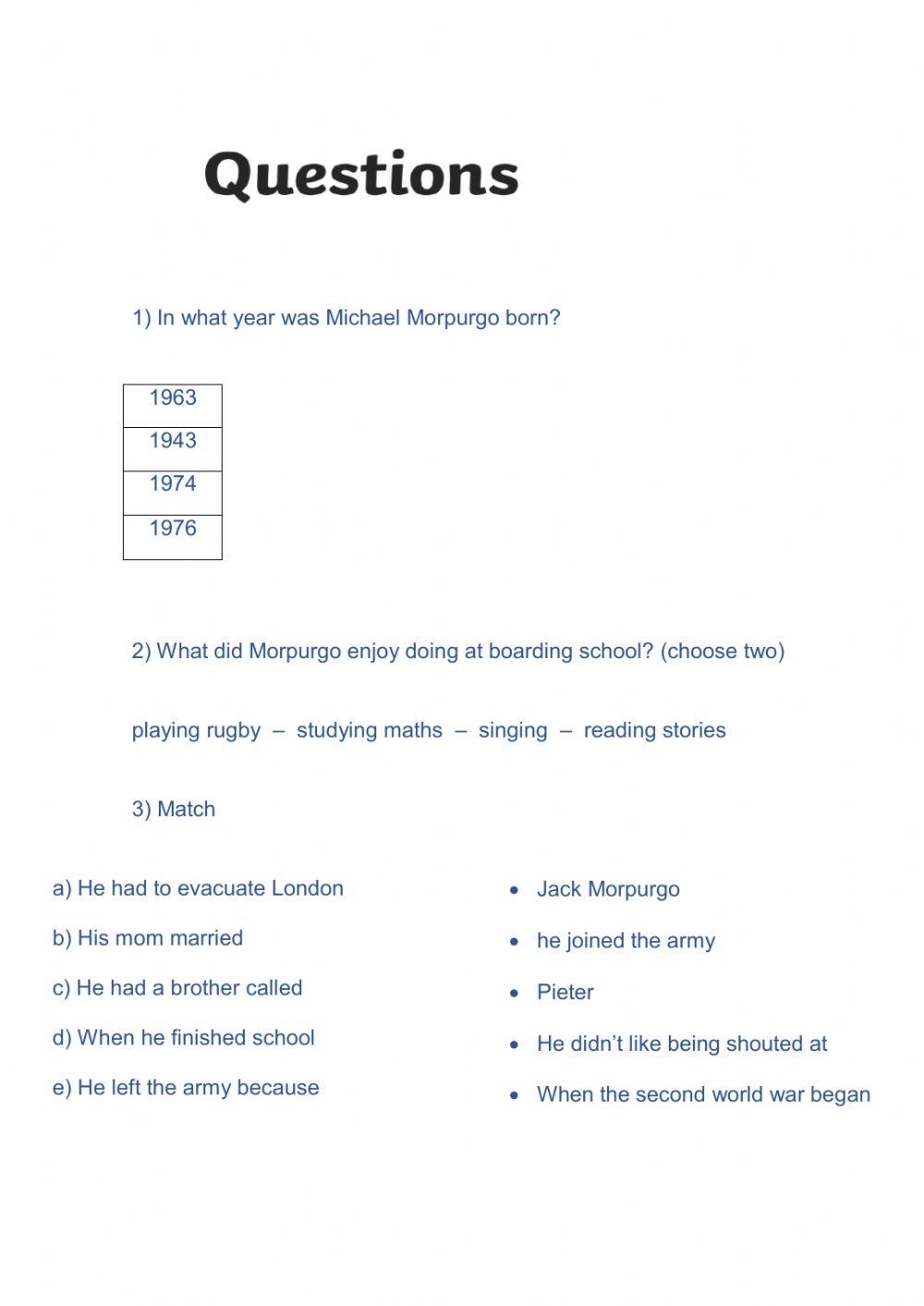 Michael Morpurgo | Free Interactive Worksheets | 335281