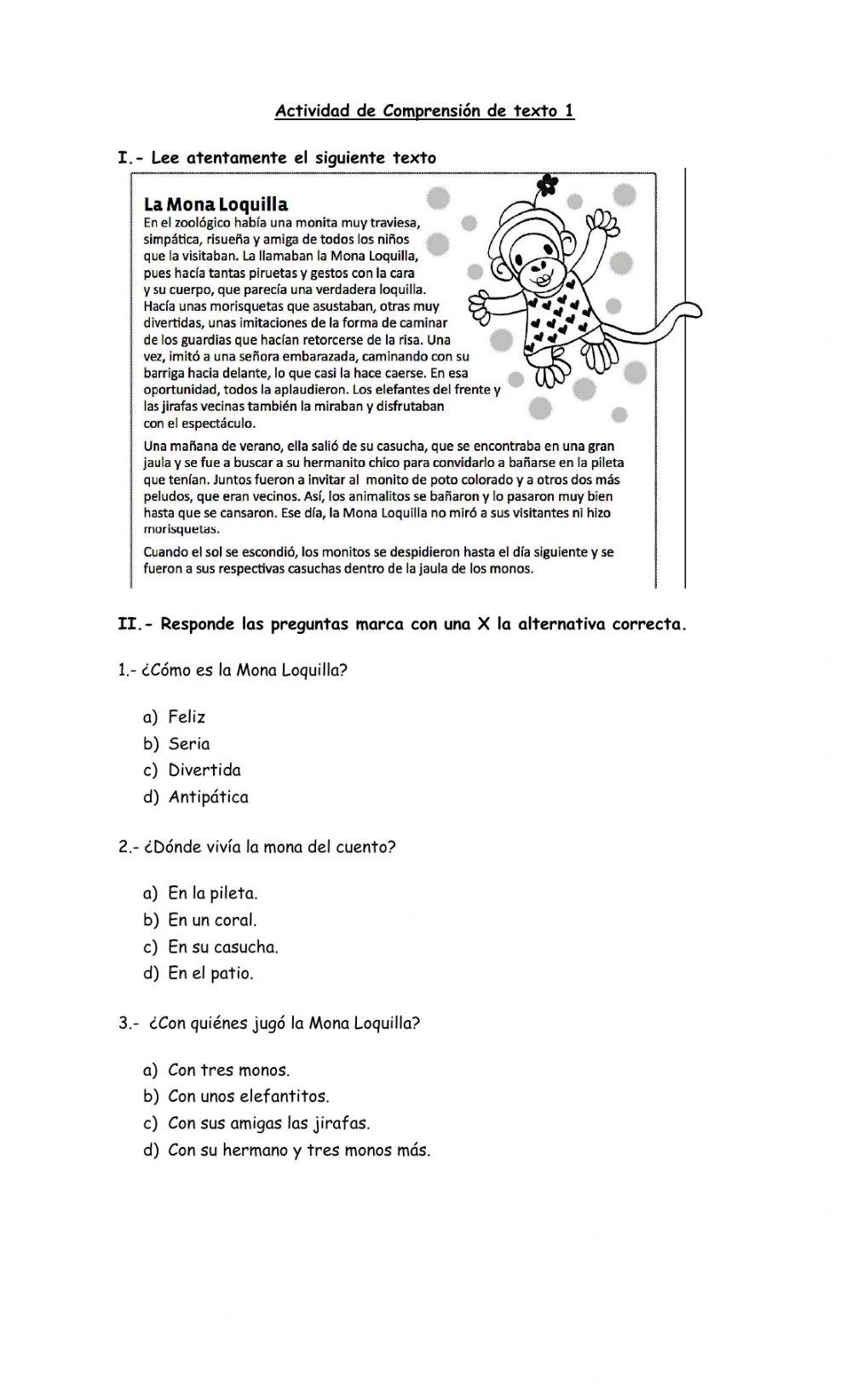 Comprensión de Lectura - Mona Loquilla