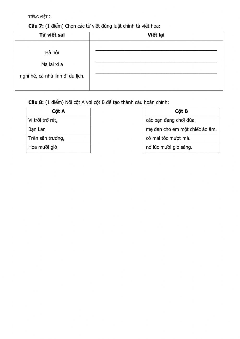 Đề khảo sát môn Tiếng Việt