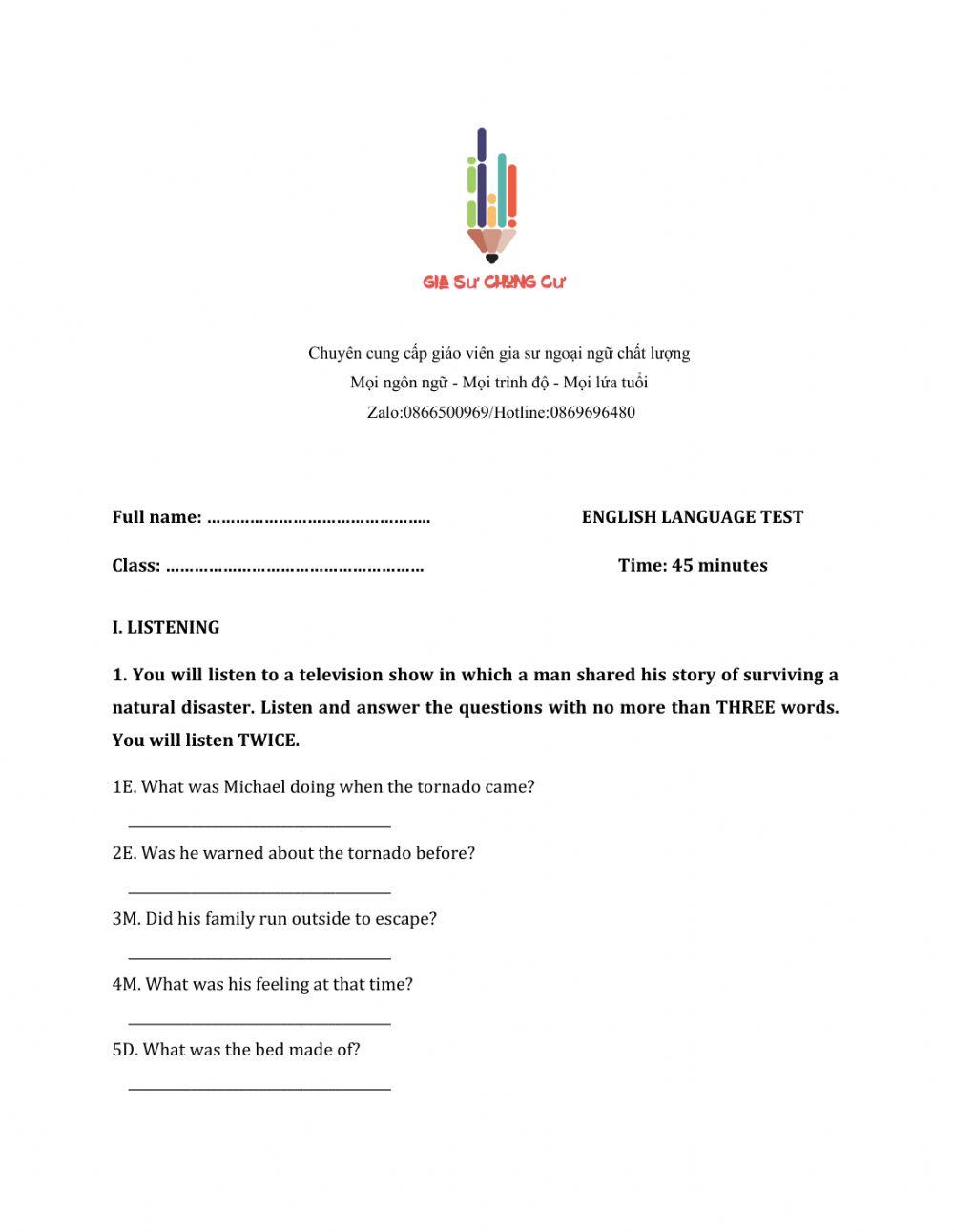 Lớp 8 - Kiểm tra cuối kỳ