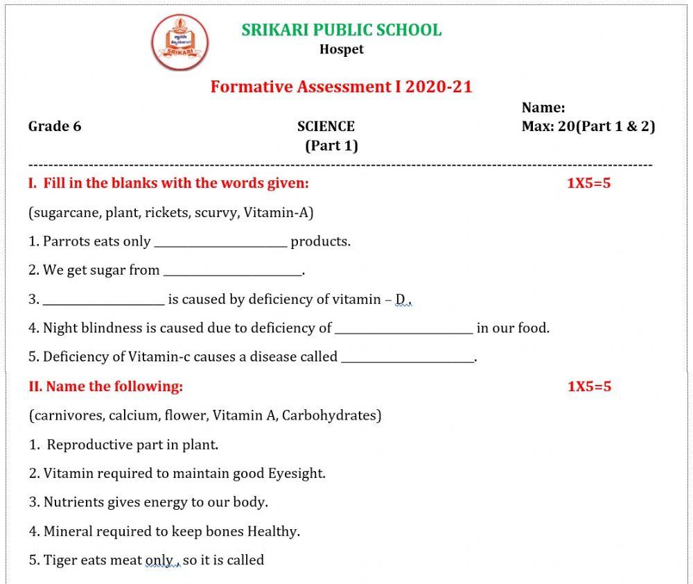 Srikari Public School VI std Science FA 1 Part 1