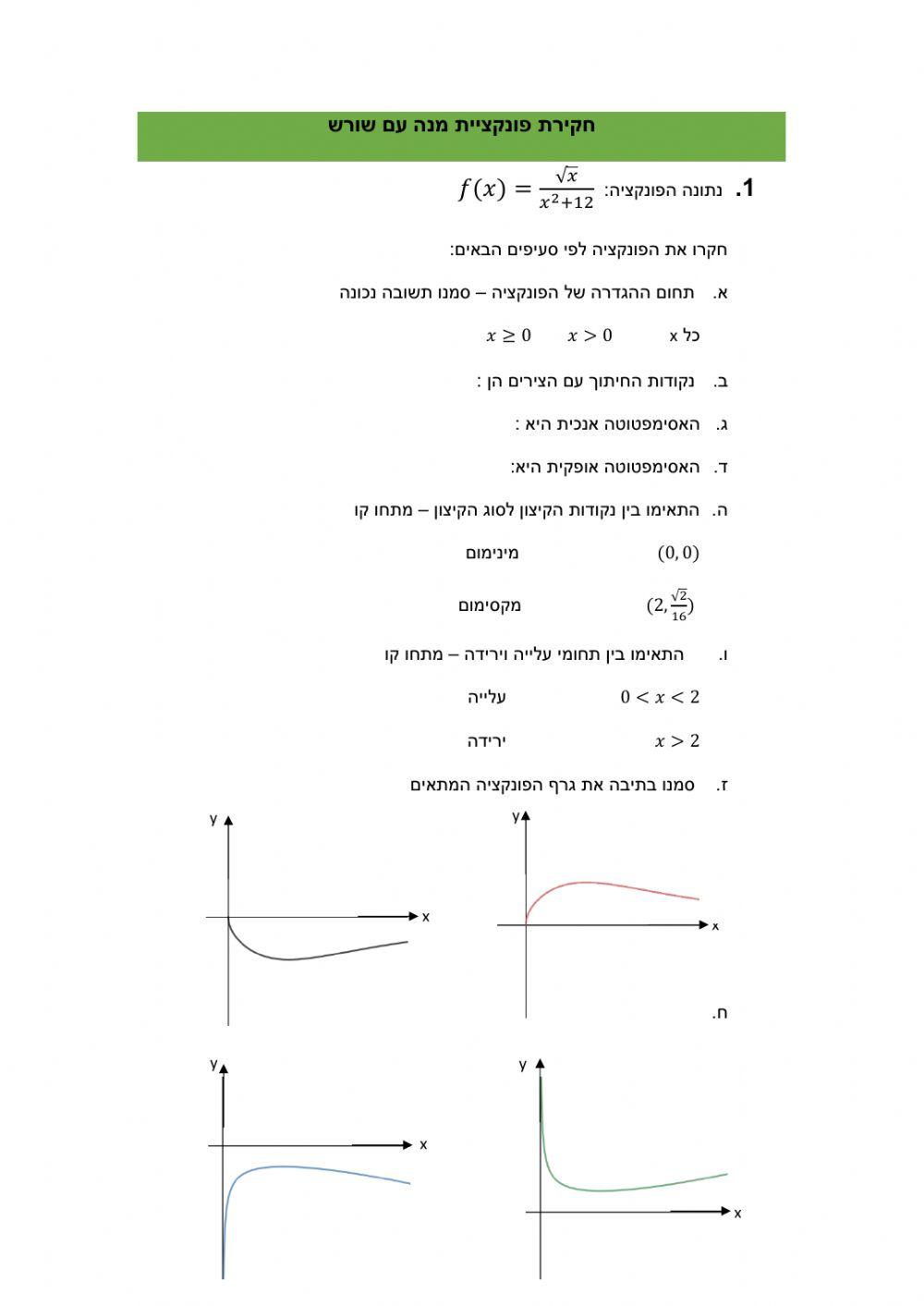 חקירת פונקציות מנה עם שורש