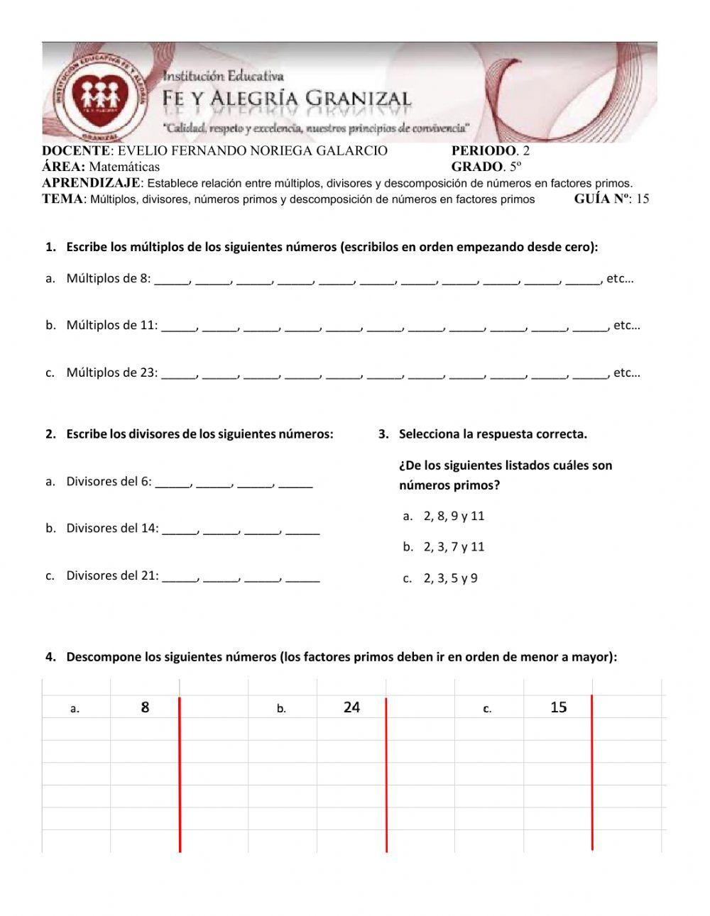 Guia 15 matemáticas (múltiplos, divisores y descomposición)