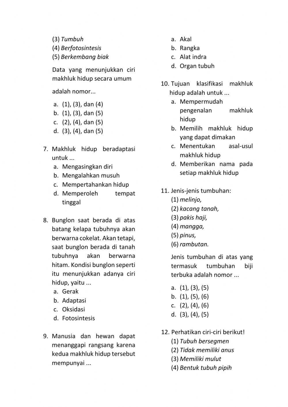 Uji Kompetensi Klasifikasi Makhluk Hidup Kelas VII